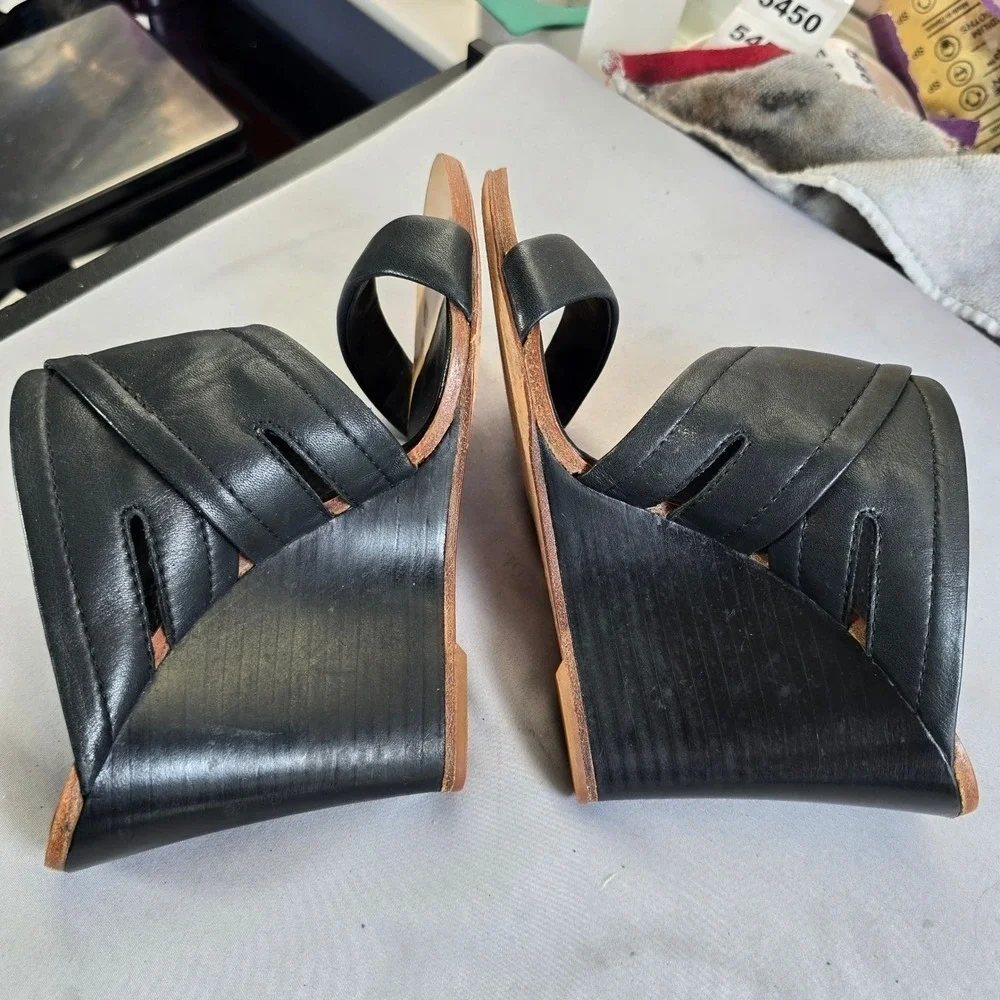 Rag Bone‎ New York Black Leather Crossover Wedge Mules Made in Italy Woman 7 US